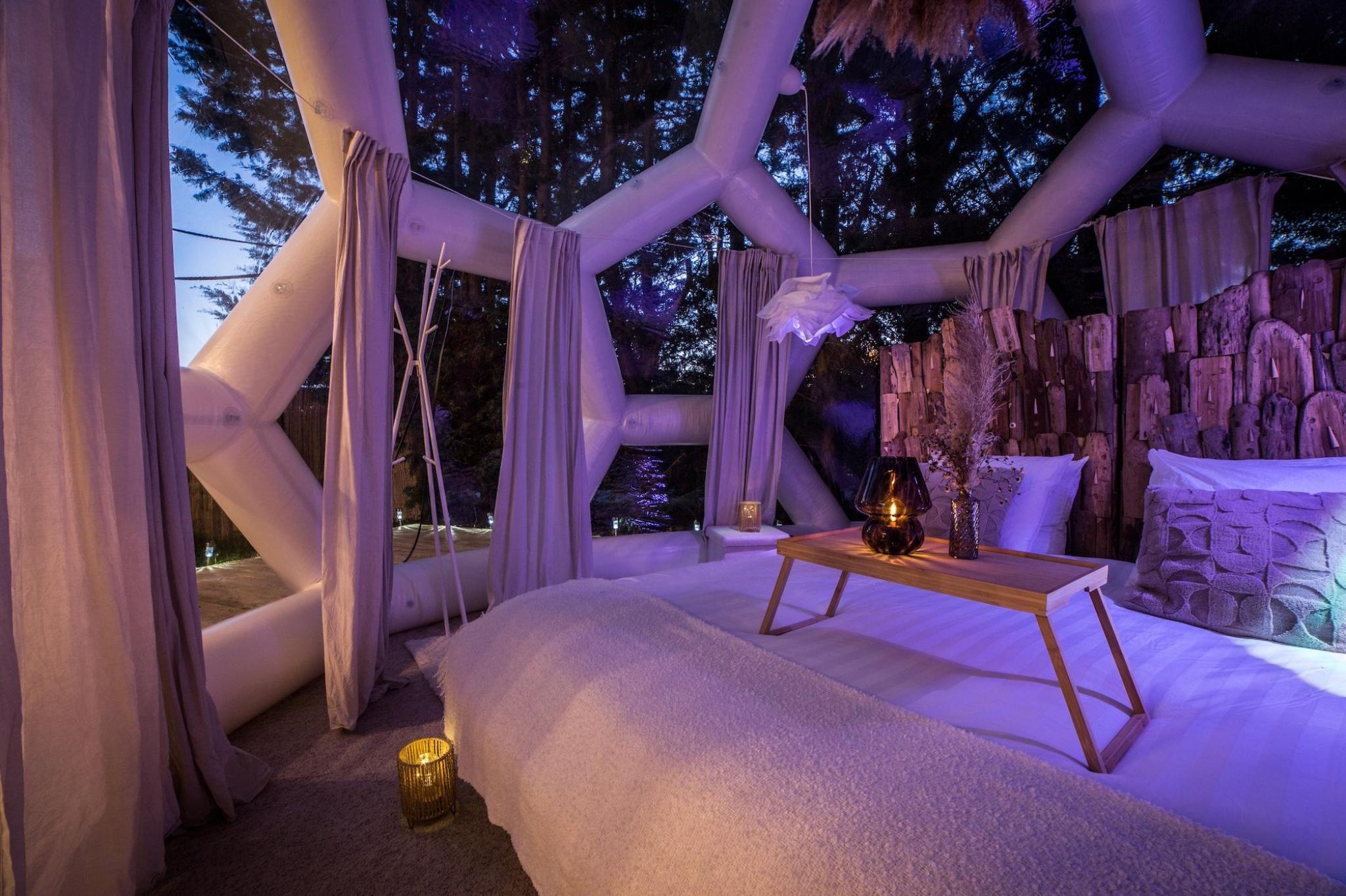 Lit confortable installé sous un dôme immersif en pleine nature